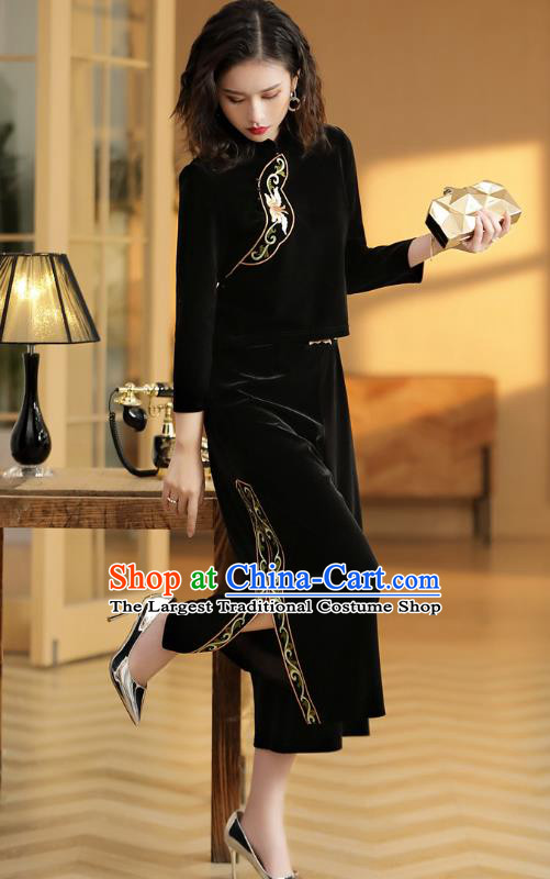 Chinese Traditional Women Tang Suit Clothing National Classical Embroidered Black Velvet Blouse and Skirt