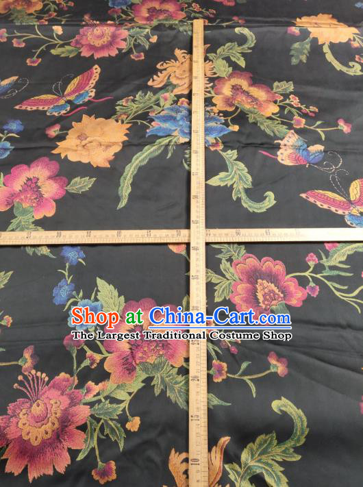 China Traditional Gambiered Guangdong Gauze Classical Flowers Butterfly Pattern Black Silk Fabric