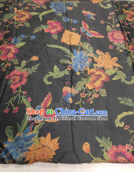 China Traditional Gambiered Guangdong Gauze Classical Flowers Butterfly Pattern Black Silk Fabric