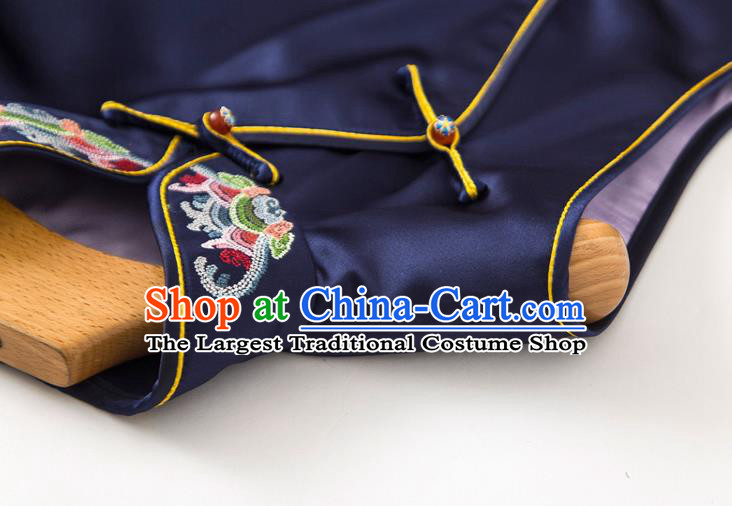 Chinese Tang Suit Navy Silk Waistcoat Classical Embroidered Vest National Women Clothing