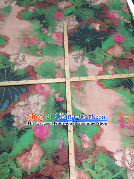 China Classical Lotus Pattern Green Silk Fabric Traditional Gambiered Guangdong Gauze