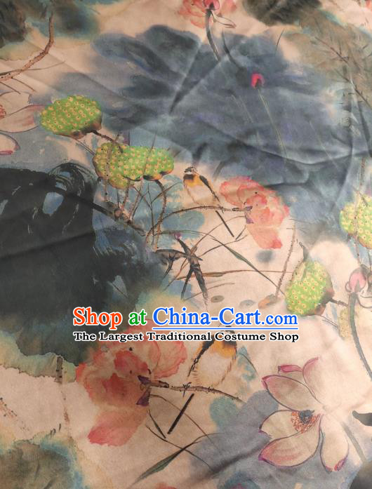 China Traditional Ink Painting Lotus Gambiered Guangdong Gauze Cheongsam Satin Fabric Classical Silk Cloth
