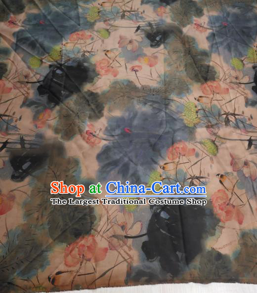 China Traditional Ink Painting Lotus Gambiered Guangdong Gauze Cheongsam Satin Fabric Classical Silk Cloth