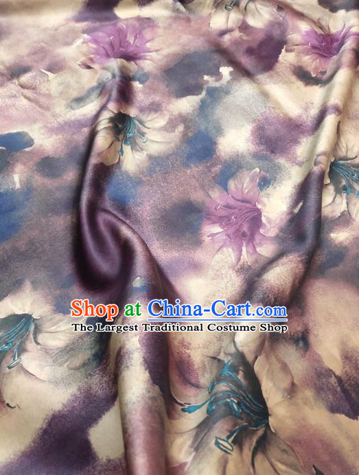 China Traditional Lily Flowers Pattern Gambiered Guangdong Gauze Cheongsam Satin Fabric Classical Purple Silk Cloth