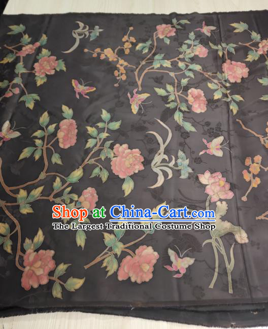 China Classical Silk Cloth Traditional Flowers Pattern Deep Grey Gambiered Guangdong Gauze Cheongsam Satin Fabric
