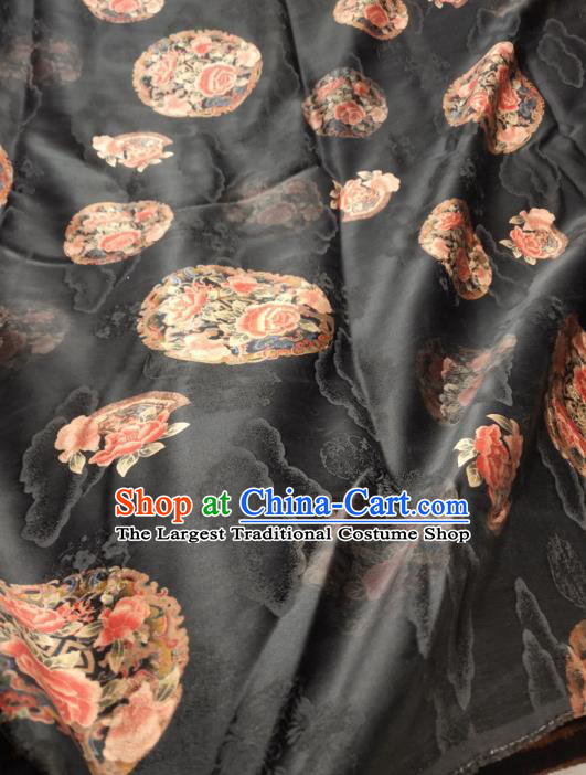 China Traditional Round Peony Pattern Gambiered Guangdong Gauze Cheongsam Satin Fabric Classical Black Silk Cloth