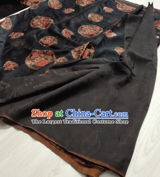 China Traditional Round Peony Pattern Gambiered Guangdong Gauze Cheongsam Satin Fabric Classical Black Silk Cloth