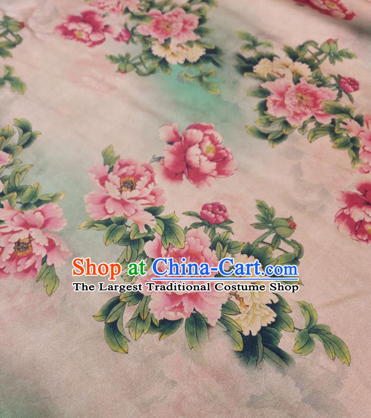 China Light Pink Satin Cloth Cheongsam Silk Fabric Traditional Peony Pattern Gambiered Guangdong Gauze