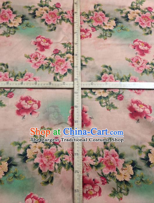 China Light Pink Satin Cloth Cheongsam Silk Fabric Traditional Peony Pattern Gambiered Guangdong Gauze