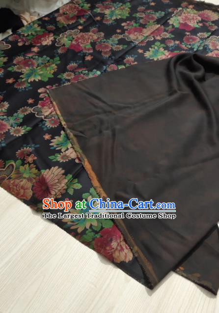 China Cheongsam Gambiered Guangdong Gauze Traditional Silk Fabric Classical Chrysanthemum Pattern Black Satin Cloth