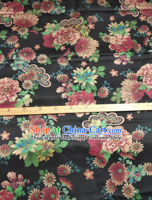 China Cheongsam Gambiered Guangdong Gauze Traditional Silk Fabric Classical Chrysanthemum Pattern Black Satin Cloth