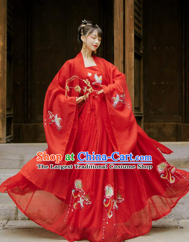 China Ancient Wedding Hanfu Garment Traditional Song Dynasty Princess Embroidered Red Dress Clothing