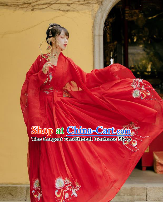 China Ancient Wedding Hanfu Garment Traditional Song Dynasty Princess Embroidered Red Dress Clothing