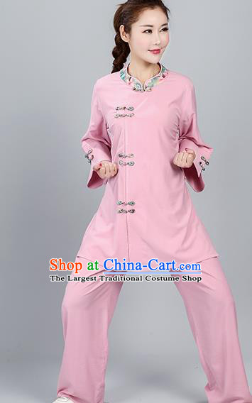 China Martial Arts Competition Pink Flax Uniforms Traditional Women Tai Chi Training Clothing