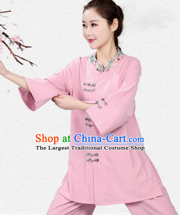 China Martial Arts Competition Pink Flax Uniforms Traditional Women Tai Chi Training Clothing