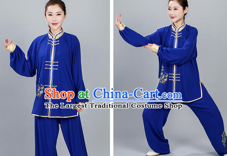 China Women Kung Fu Costumes Martial Arts Competition Clothing Traditional Embroidered Bamboo Royalblue Uniforms