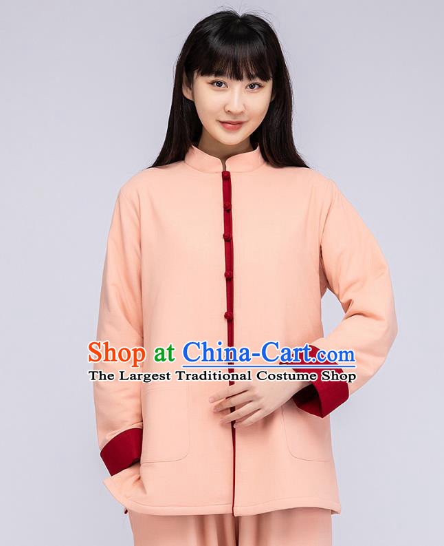 China Woman Tang Suit Pink Cotton Padded Jacket Traditional Tai Chi Flax Clothing
