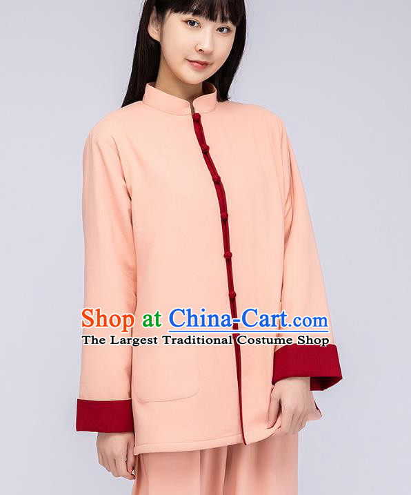 China Woman Tang Suit Pink Cotton Padded Jacket Traditional Tai Chi Flax Clothing