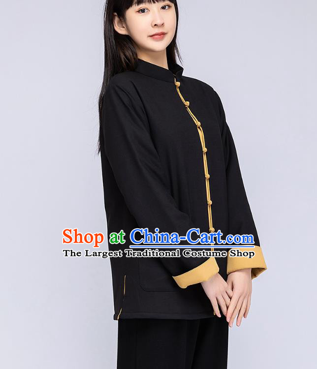 China Traditional Tai Chi Flax Winter Clothing Woman Tang Suit Black Cotton Padded Jacket