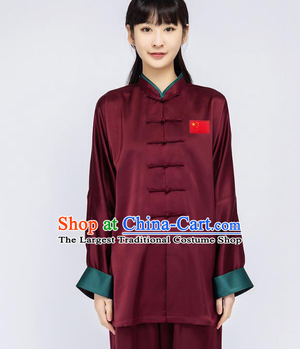 China Woman Martial Arts Dark Red Silk Uniforms Traditional Tai Chi Training Clothing