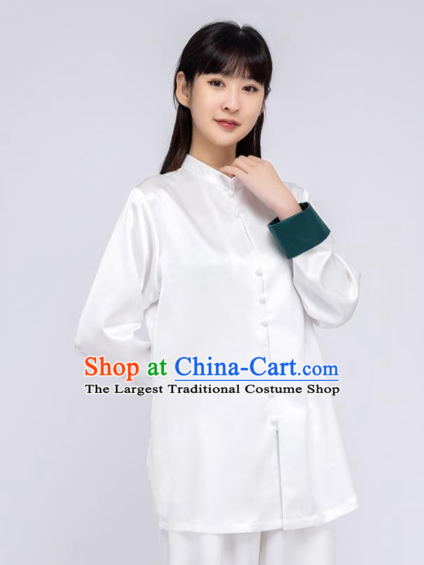 China Woman Kung Fu White Silk Uniforms Traditional Tang Suit Costumes Shirt and Pants