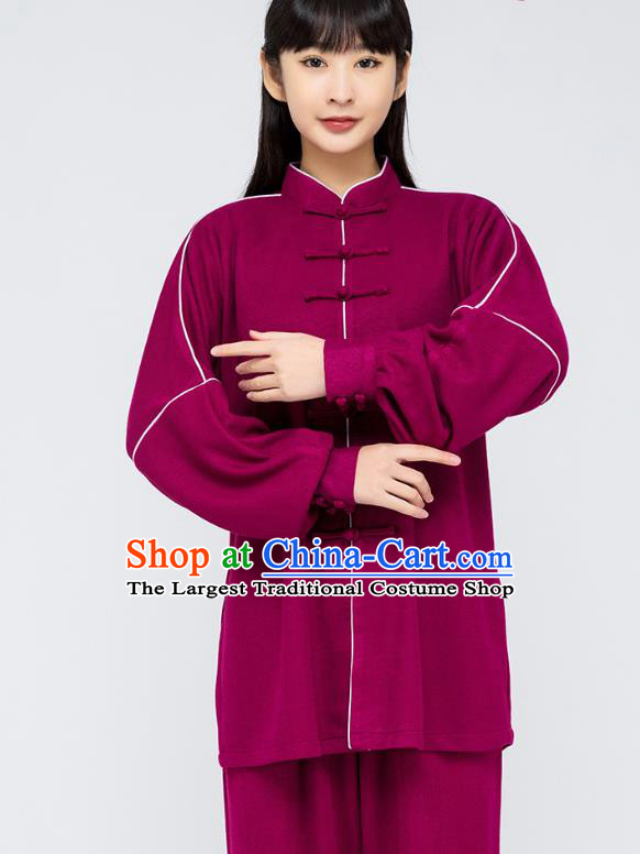 China Woman Tai Chi Purple Flax Uniforms Traditional Kung Fu Costumes Shirt and Pants
