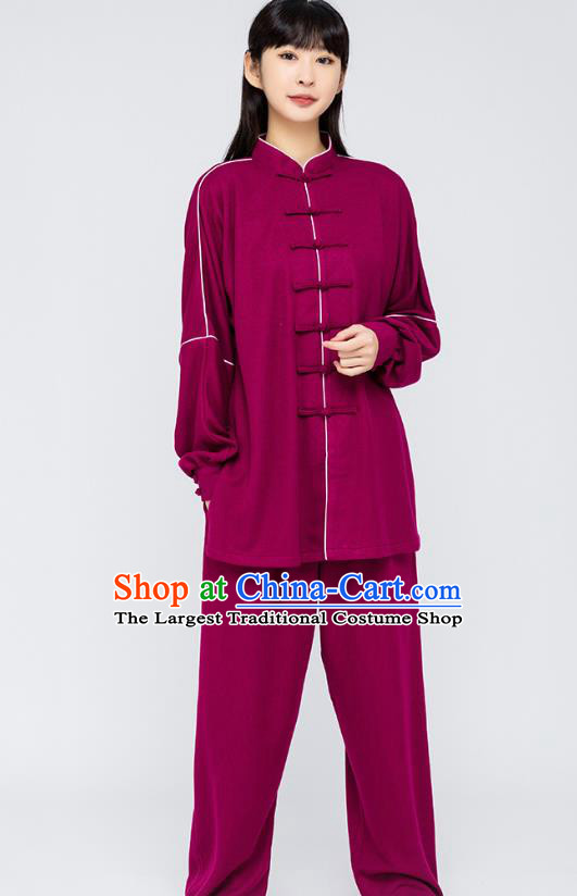China Woman Tai Chi Purple Flax Uniforms Traditional Kung Fu Costumes Shirt and Pants