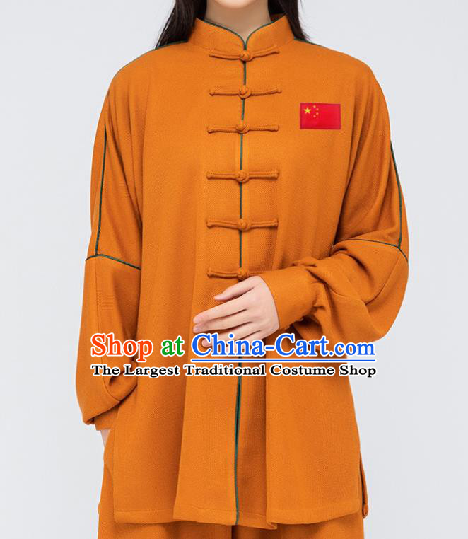China Traditional Kung Fu Costumes Shirt and Pants Woman Tai Chi Orange Flax Uniforms