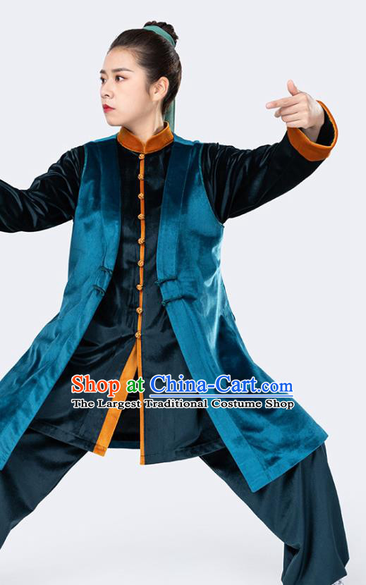 China Traditional Kung Fu Competition Blue Vest Shirt and Pants Winter Woman Wushu Uniforms