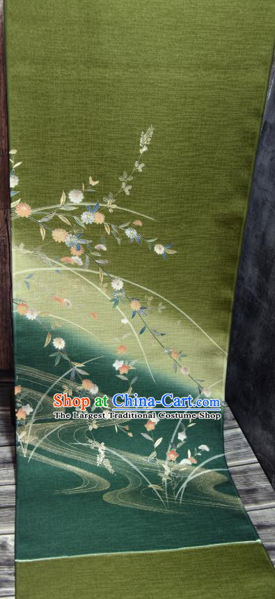 Asian Japan Chrysanthemum Orchids Pattern Brocade Tapestry Traditional Japanese Kimono Green Silk Fabric