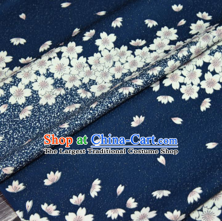 Asian Japan Sakura Pattern Brocade Tapestry Traditional Japanese Kimono Navy Silk Fabric