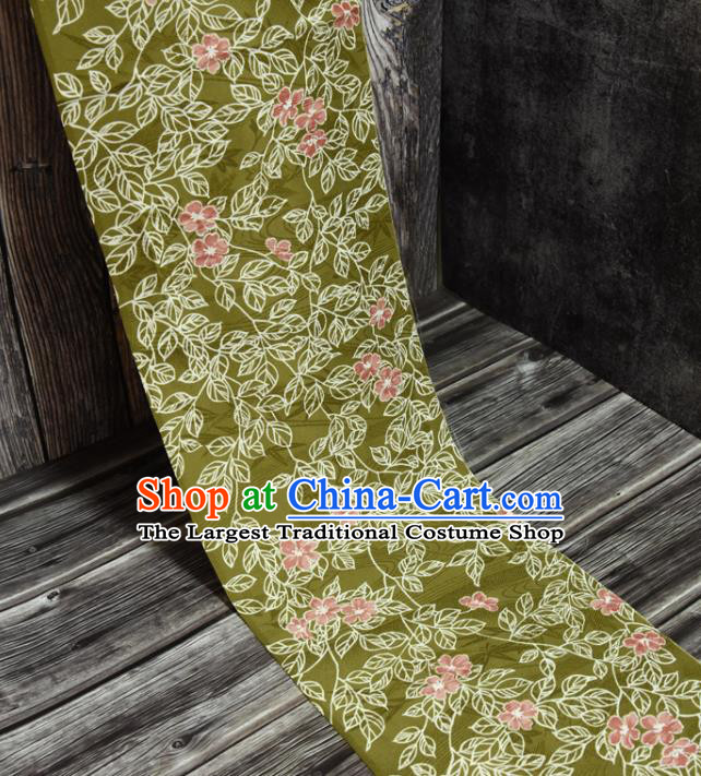 Traditional Japanese Kimono Olive Green Silk Fabric Asian Japan Classical Leaf Pattern Wafuku Brocade Tapestry