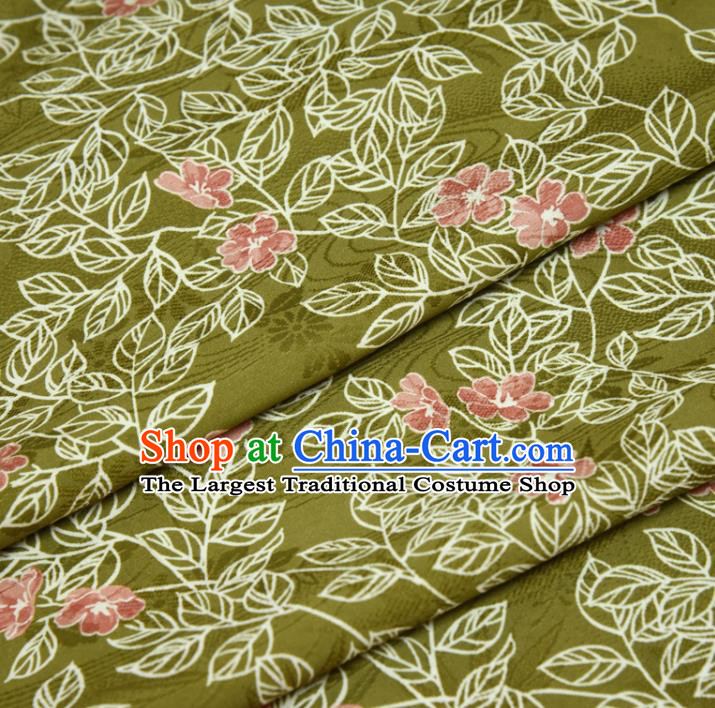 Traditional Japanese Kimono Olive Green Silk Fabric Asian Japan Classical Leaf Pattern Wafuku Brocade Tapestry