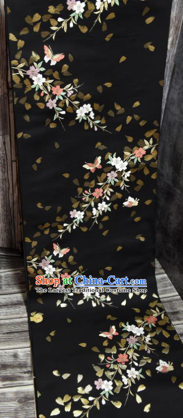 Traditional Japanese Kimono Pure Silk Fabric Asian Japan Classical Sakura Butterfly Pattern Wafuku Black Brocade Tapestry