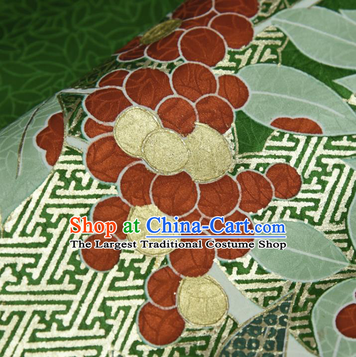 Japanese Kimono Green Silk Fabric Gold Blocking Leaf Pattern Qipao Dress Cloth