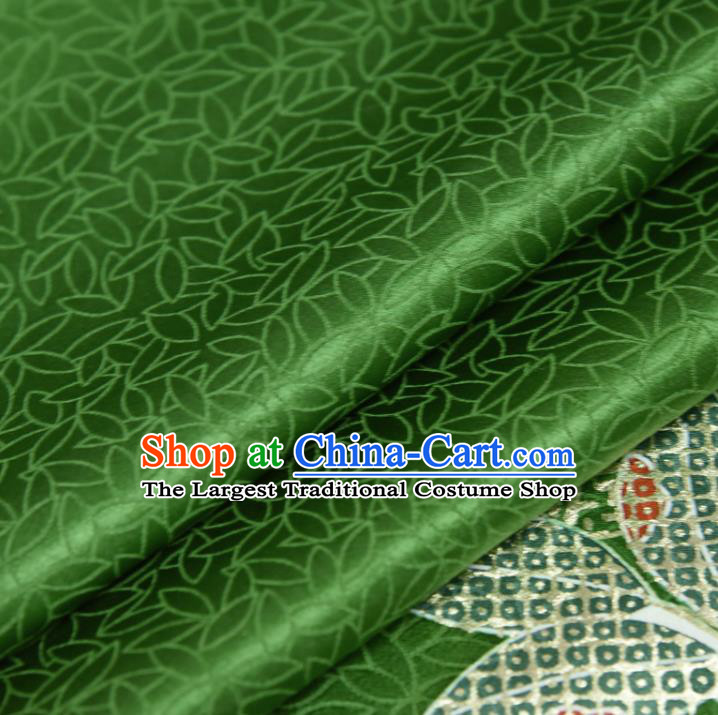 Japanese Kimono Green Silk Fabric Gold Blocking Leaf Pattern Qipao Dress Cloth