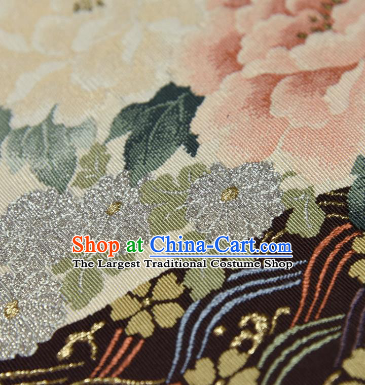 Traditional Japanese Belt Peony Fan Pattern Silk Fabric Asian Japan Kimono Classical Rust Red Brocade Material