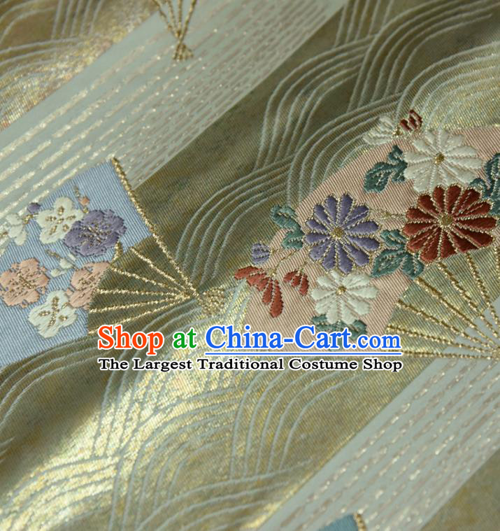 Traditional Japanese Classical Folding Fan Pattern Silk Fabric Asian Japan Kimono Belt Golden Brocade Material