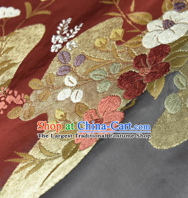 Traditional Japanese Classical Flowers Pattern Silk Fabric Asian Japan Kimono Belt Dark Red Brocade Material