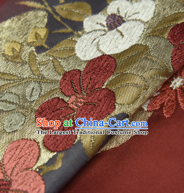 Traditional Japanese Classical Flowers Pattern Silk Fabric Asian Japan Kimono Belt Dark Red Brocade Material