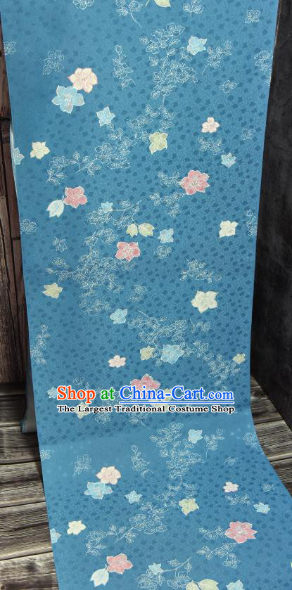 Asian Japan Classical Kimono Blue Brocade Tapestry Traditional Qipao Dress Flowers Pattern Silk Fabric