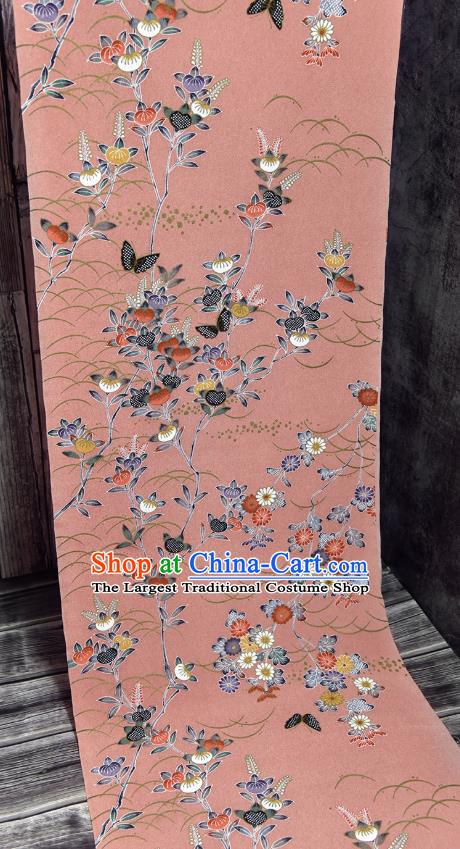 Asian Japan Kimono Classical Persimmon Flowers Pattern Brocade Fabric Traditional Hanfu Dress Pink Silk