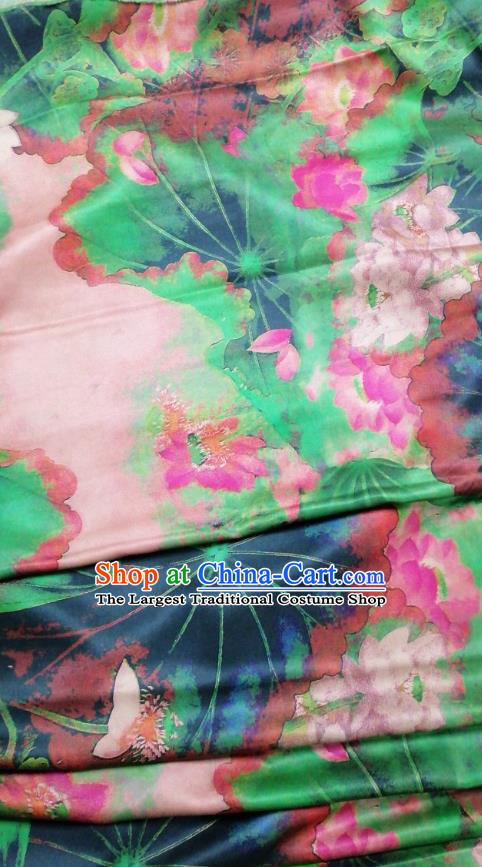Asian China Lotus Pattern Green Brocade Fabric Traditional Cheongsam Silk Gambiered Guangdong Gauze