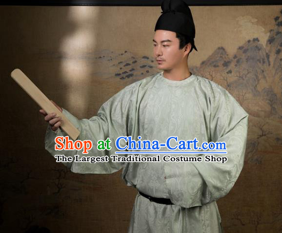 China Ancient Scholar Light Green Silk Robe Traditional Tang Dynasty Nobility Childe Hanfu Clothing for Men
