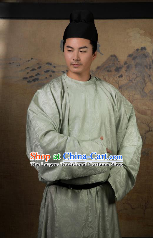 China Ancient Scholar Light Green Silk Robe Traditional Tang Dynasty Nobility Childe Hanfu Clothing for Men