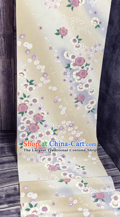 Asian Japan Kimono Classical Daisy Pattern Brocade Fabric Traditional Hanfu Dress Beige Silk