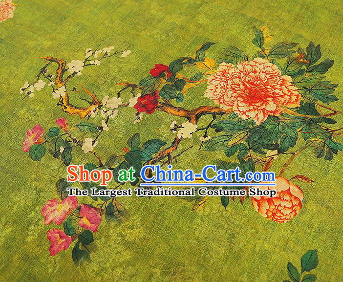 Asian China Classical Peony Pattern Green Silk Fabric Traditional Cheongsam Gambiered Guangdong Gauze Cloth