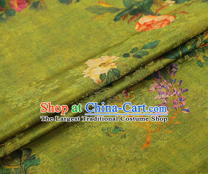 Asian China Classical Peony Pattern Green Silk Fabric Traditional Cheongsam Gambiered Guangdong Gauze Cloth