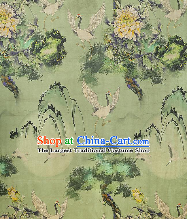 Asian Traditional Cheongsam Brocade Gambiered Guangdong Gauze China Classical Pine Crane Pattern Green Silk Fabric