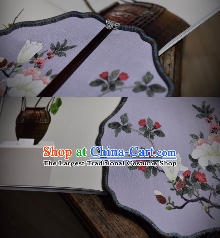 China Handmade Mangnolia Pattern Palace Fan Traditional Ming Dynasty Court Woman Fan Lilac Silk Fan